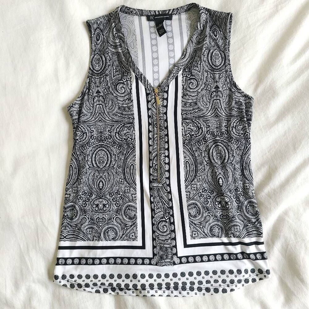 INC International Concepts Blouse Tank Top Womens Small Black Paisley Half Zip C